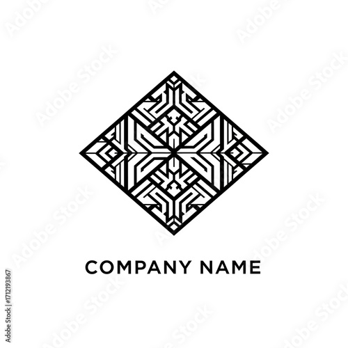 Abstract Geometric Diamond Logo Design with Intricate Line Patterns and Company Name.