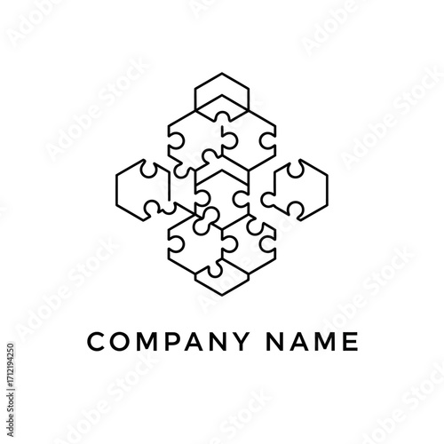 Abstract Puzzle Pieces Forming a Hexagonal Shape for Company Branding.
