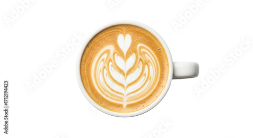 Isolated top-down view of a cappuccino with tulip latte art design floating in the cup drink