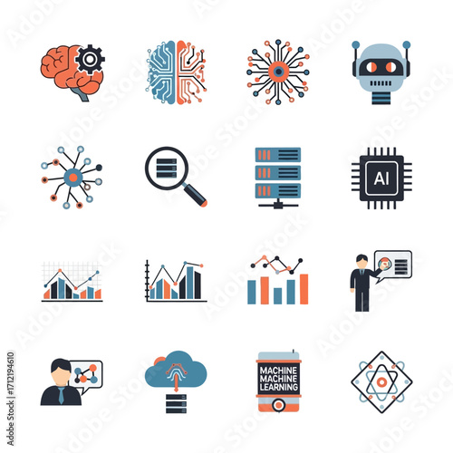 Artificial Intelligence and Machine Learning Icons Set for Data Analysis.
