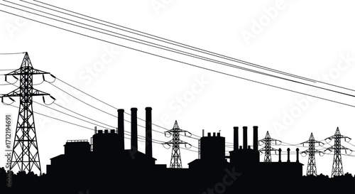 Industrial factory silhouette with power lines, electricity towers, and smokestacks against white background