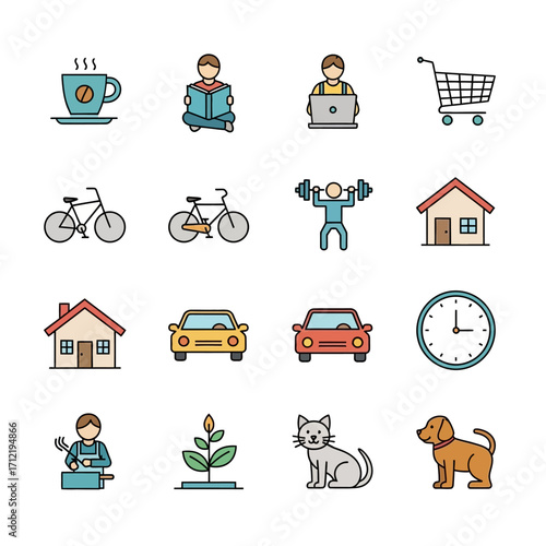 Collection of colorful lifestyle icons representing various activities and objects.