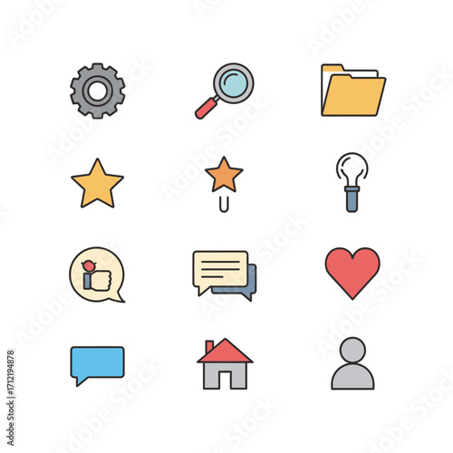 Collection of Colorful Vector Icons for Settings, Search, Favorites, and Communication.