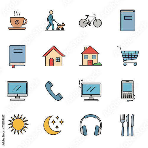 Collection of Everyday Icons - Coffee, Walking, Bicycle, Book, House, Shopping, Tech, Sun, Moon.