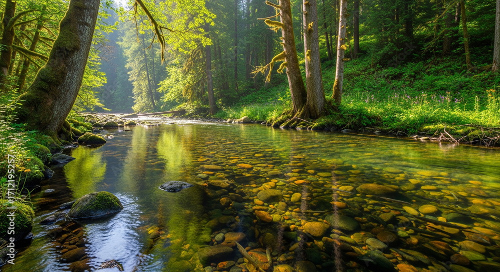 Fototapeta premium Sunlight Shines on a Serene Forest River A picturesque view of a serene river flowing through a lush, green forest. The water is crystal clear, revealing a bed of smooth river stones below 
