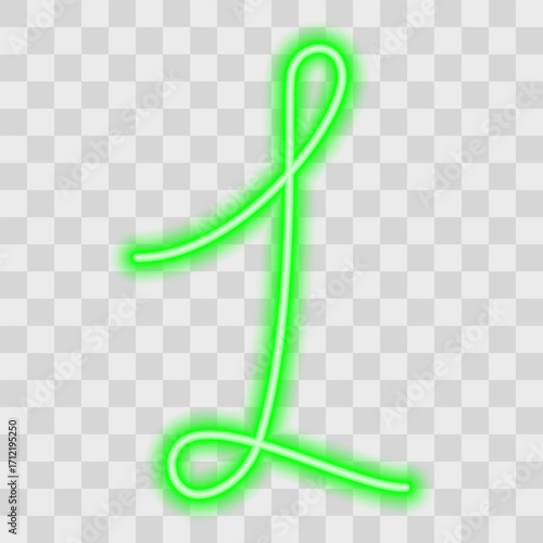 Hand Drawn Neon Number 1. One Continuous Line Editable Minimalist Design Glow Effect in trendy Green