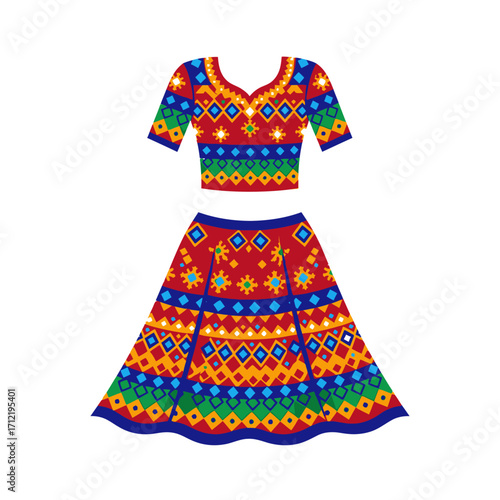Colorful Traditional Indian Lehenga Choli Ensemble with Intricate Geometric Patterns.