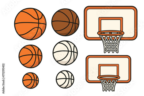 Basketball equipment set vector illustration. Collection of cartoon basketballs and hoops in different sizes and colors. Sports gear for game, match or training.