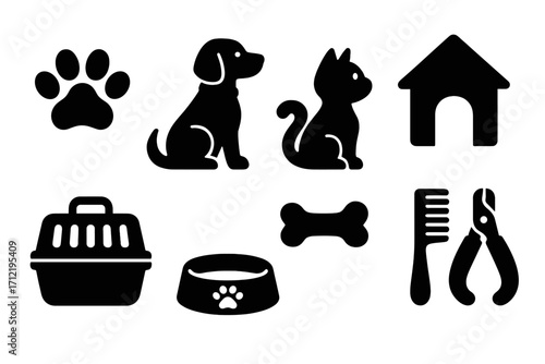 Animal care silhouette icon set. Essential pet symbols for grooming and home. Vector glyph collection of dog, cat, paw, kennel, carrier, bone, bowl, comb, nail clippers.