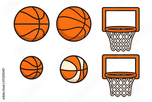 Basketball sport gear set. Collection of vector cartoon icons. Different basketballs and hoops. Simple flat design sport equipment illustration for game or competition concept.