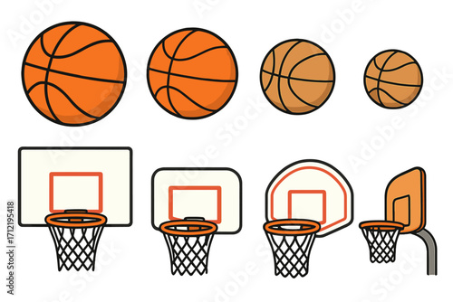 Basketball sport equipment set vector illustration. Collection of various basketballs and hoops with different sizes. Backboard, rim and net designs for game or competition.