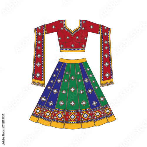 Colorful Traditional Indian Lehenga Choli Dress for Festive Occasions.