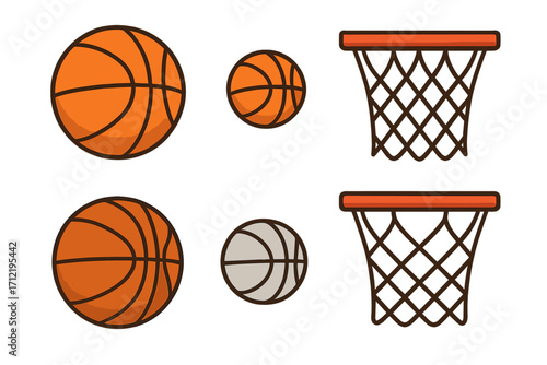 Basketball vector set with hoops and balls. Cartoon sport equipment icons collection. Simple game illustration with different size basketballs and net isolated on white.