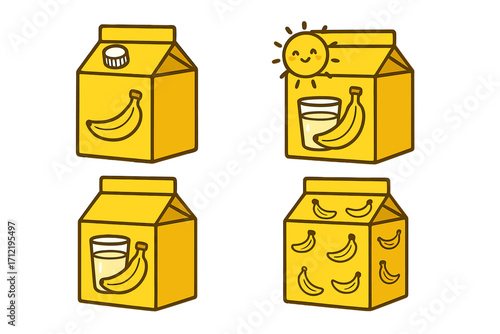 Collection of banana milk cartons in a cute cartoon style. Vector illustration set of yellow drink packages. Healthy fruit beverage, dairy product icons for packaging design.