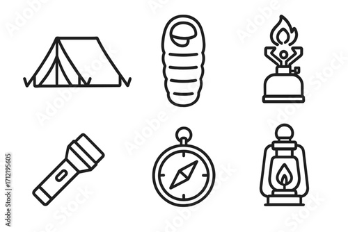 Camping and hiking equipment icon set. Linear vector icons of tent, sleeping bag, stove, flashlight, compass, and lantern for outdoor adventure, survival gear, and travel.