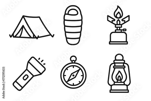 Camping gear icon set vector illustration. Linear style outline symbols of tent, sleeping bag, stove, flashlight, compass, lantern. Outdoor adventure and hiking equipment.