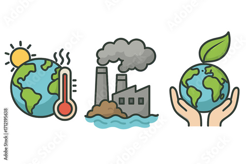 Climate change icon set with global warming, industrial pollution, and environmental protection concepts. Vector illustration of Earth's temperature, factory emissions, and eco care.