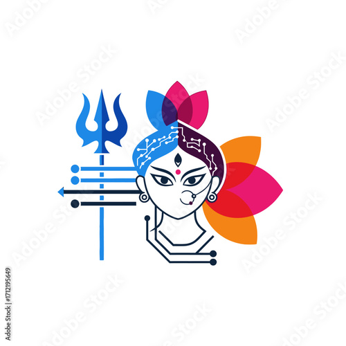 Digital Durga - Modern Depiction of Hindu Goddess with Technological Elements.