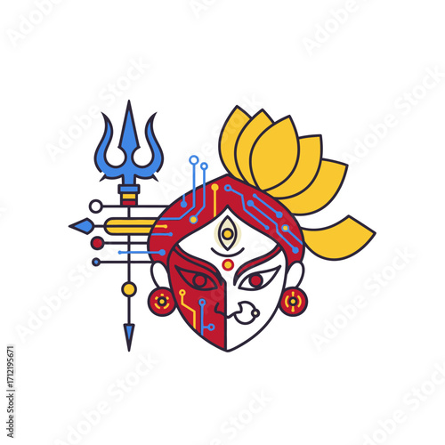 Digital Durga - Modern Depiction of Hindu Goddess with Technological Elements.