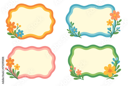 Set of cute name tags with flowers. Colorful wavy decorative frames for kids. Vector cartoon label illustration. Floral border for spring and summer creative projects. Note card.