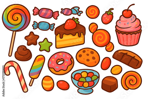 Colorful cartoon candy and sweet dessert set. Vector illustration of assorted confectionery for bakery or sweet shop. Cute flat icon collection with lollipop, cake, and donut.