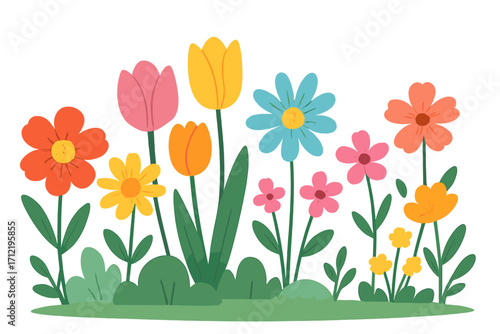Colorful spring flowers vector illustration. Cartoon flat design of a blooming garden meadow with tulips and daisies. Floral border element isolated on white background.