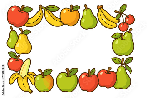 Colorful fruit border with apples, bananas, pears, and cherries. Healthy eating for kids concept. Cute cartoon vector frame for food, diet, and nutrition themes. Fresh organic mix.