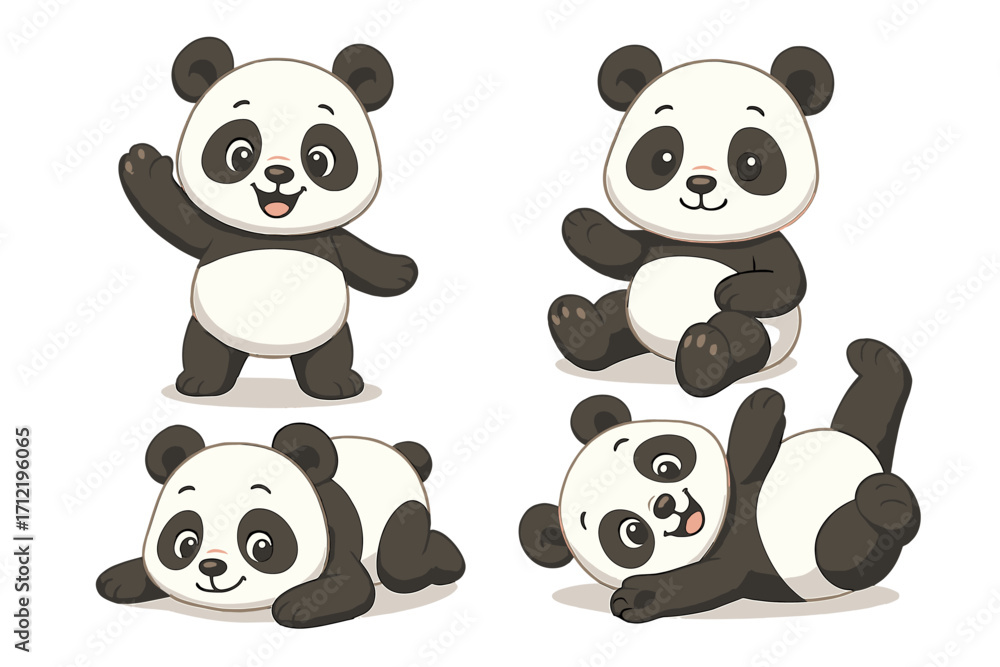 Naklejka premium Cute panda characters collection. Vector cartoon illustration set of funny baby pandas in playful poses. Adorable animal mascot for kids. Happy, smiling, waving, sitting.