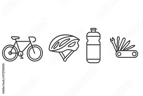 Cycling essentials icon set. Bike equipment and accessories for riding. Bicycle, helmet, water bottle, repair tool kit. Linear style vector graphic collection for sport and travel.