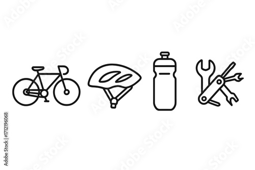 Cycling essentials icon set in thin line style. Bicycle, helmet, water bottle, repair multi tool. Vector outline pictogram collection for active lifestyle, sport, and touring.