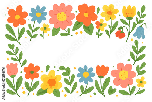 Playful floral border with cute cartoon flowers. Decorative spring summer frame with vibrant hand-drawn style blooms and leaves. Colorful vector for greeting card or invitation.