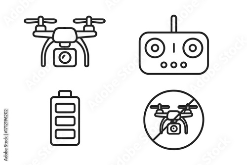 Quadcopter drone vector icon set. Linear outline symbols for camera, remote control, battery level, and no-fly zone sign. Isolated pictogram collection for web and mobile apps.
