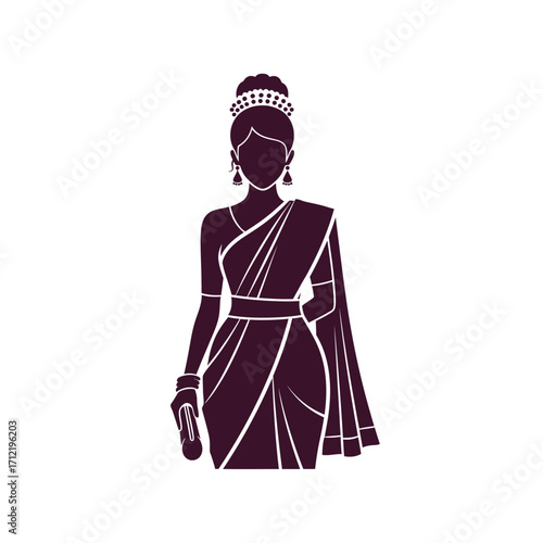 Elegant Woman in Saree Silhouette with Tiara and Clutch Illustration.