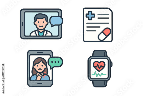 Digital healthcare icon set for telemedicine and telehealth. Online doctor video consultation, e-prescription, symptom chat and remote health monitoring with smartwatch. Vector.