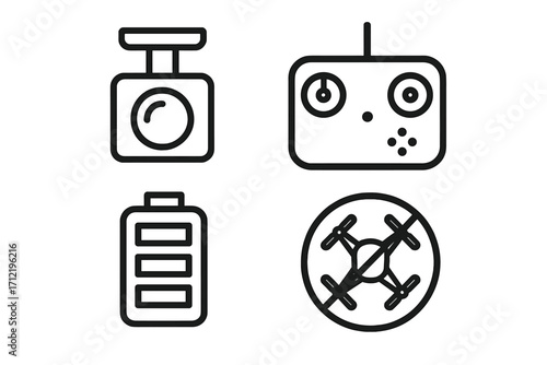 Drone icon set linear style. Vector icons of quadcopter camera, remote control, battery, and no drone zone sign. UAV technology and flight regulation symbols.