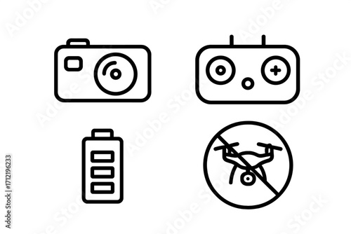 Drone icon set with camera, remote controller, battery, and no drone zone sign. Linear vector illustration for UAV technology, flight rules, and equipment symbols.