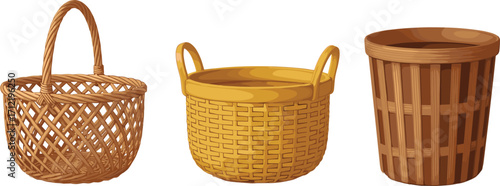 Wicker basket set illustration, handmade storage container, woven basket design, traditional craft, empty basket collection, household decor, rustic container vector