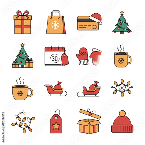 Festive Christmas Icons - Gifts, Tree, Sleigh, and Holiday Cheer.