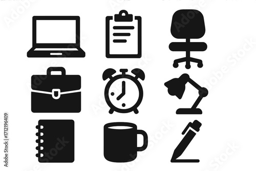 Office items icon set. Vector collection of essential workplace symbols: laptop, chair, clipboard, lamp, clock, and briefcase. Simple black glyph silhouette style for business.