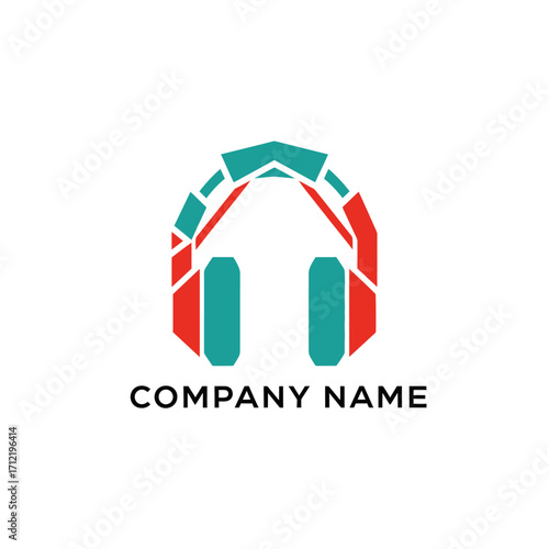 Geometric Headphones Logo Design with Teal and Red Accents.