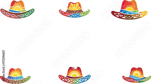 Colorful cowboy hat with sun and landscape waves mountains