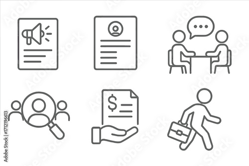 Recruitment process linear icons set. Job posting, resume, interview, talent search, offer, and onboarding. Human resources hiring steps. Career and employment concept.