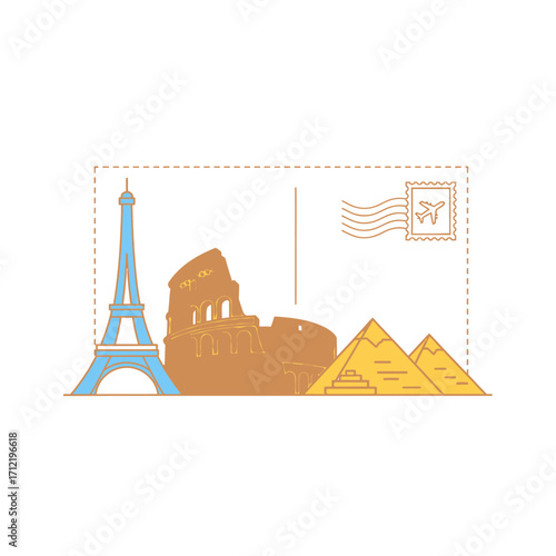 Iconic Landmarks Postcard - Eiffel Tower, Colosseum, and Egyptian Pyramids.