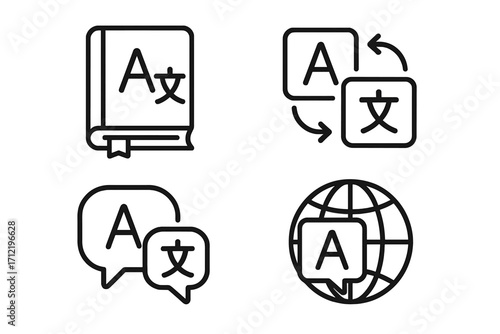 Language translation icon set. Linear icons for dictionary, vocabulary, and bilingual communication. Global language learning & international translator service symbol collection.