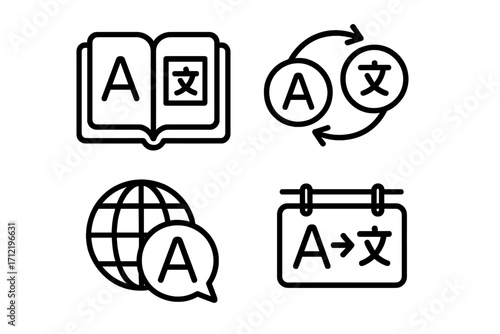 Language translation icon set for global communication. Vector line icons for dictionary, vocabulary, learning, and linguistics. Foreign language exchange and bilingual study symbols.