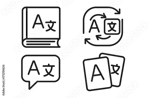 Language and translation linear icon set. Vector symbols for dictionary, vocabulary, and bilingual communication. Foreign language learning, speaking, and translator app concept.