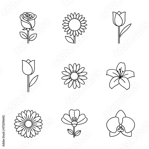 Set of nine black line art flower icons on white background rose sunflower