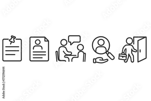 Recruitment process icon set. Linear icons for job posting, resume, interview, talent search, selection, and job offer. Human resources and hiring concept vector.