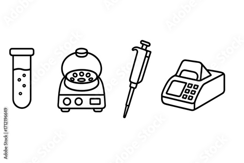 Medical laboratory equipment line icon set. Test tube, centrifuge, micropipette, PCR machine for science research. Vector illustration for chemistry, biology, DNA analysis.