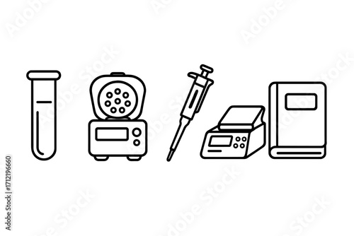 Set of laboratory equipment line icons. Test tube, centrifuge, micropipette, lab scale, notebook. Vector illustration for science, research, biotechnology, medical analysis.